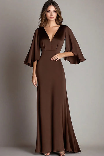 Café Satin Col V Fourreau Manches 3/4 Robe formelle